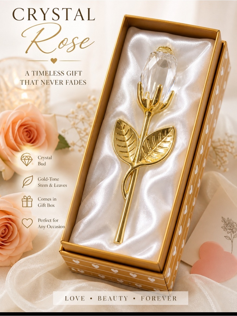 Gold Crystal Rose Gift Keepsake in Box Romantic Decor